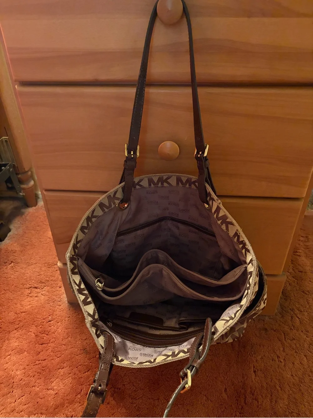 Michael Kors Brown MK Logo Tote with Gold Accents. Some wear and tear on straps